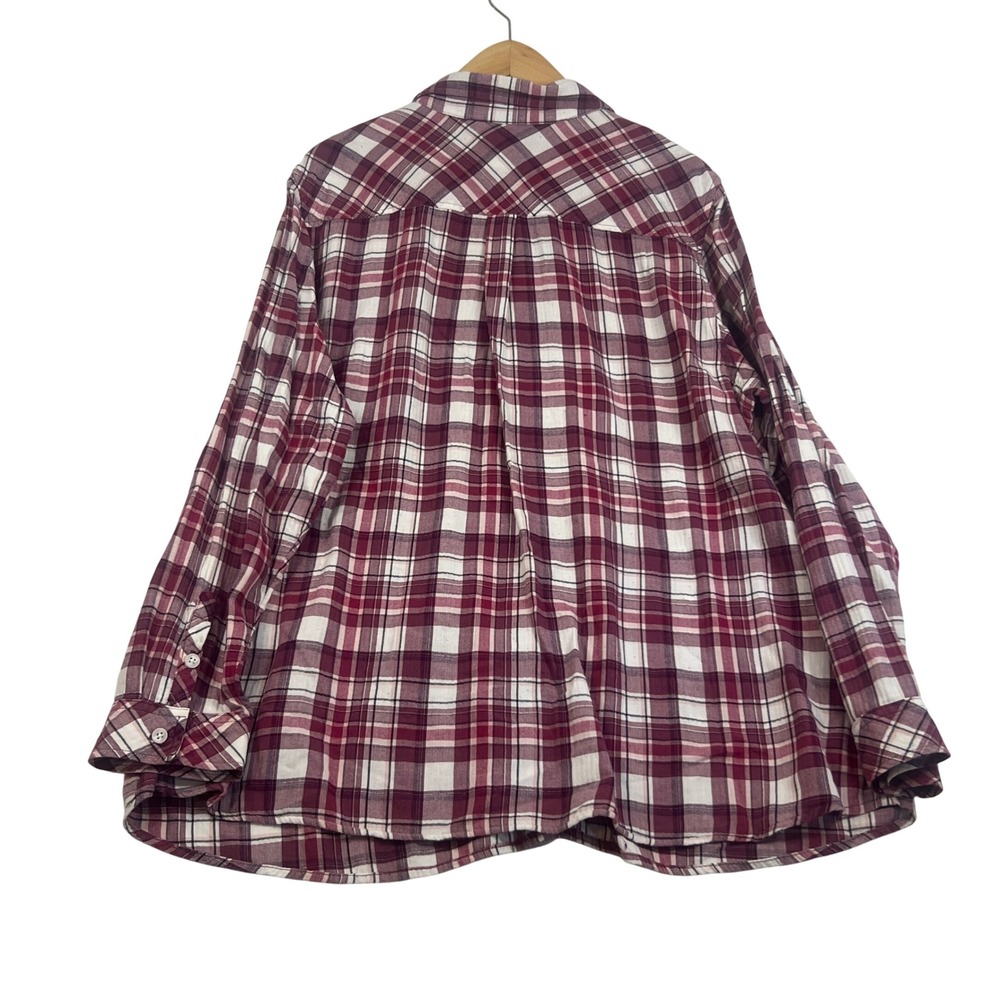 Croft & Barrow Womens 2X Burgundy Plaid Button Down Cotton Shirt Long Sleeve